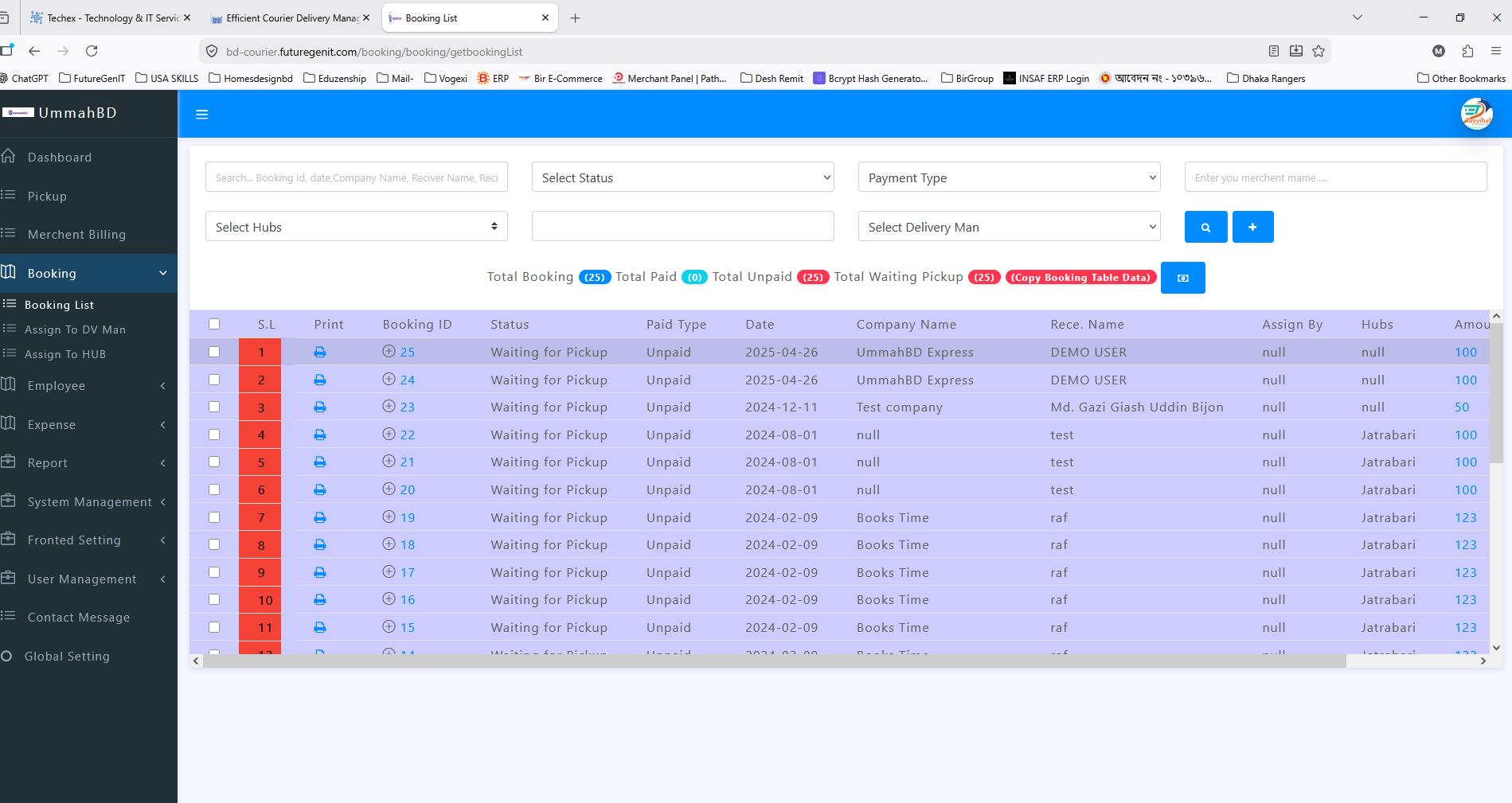 Booking list