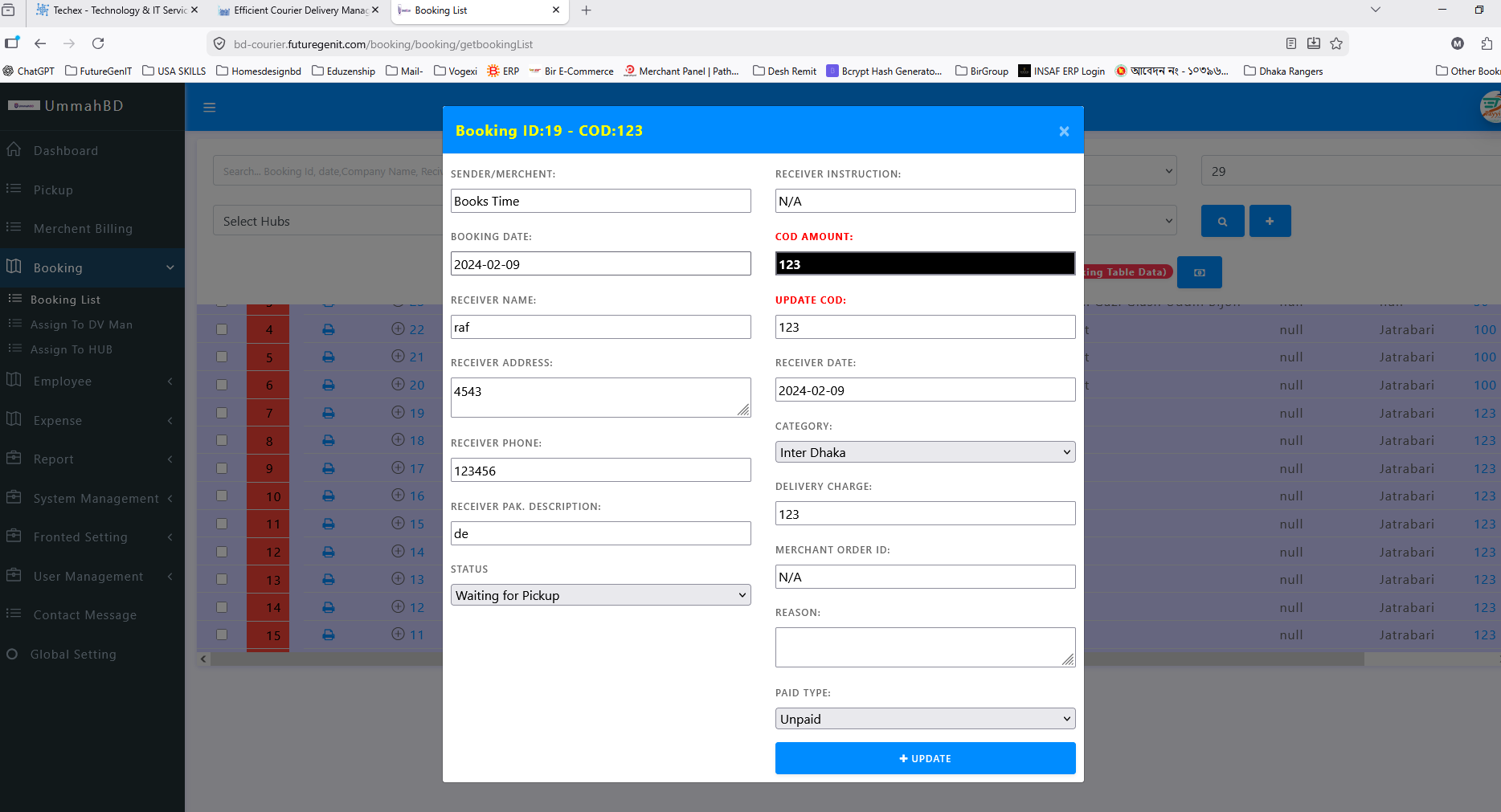 Booking edit modal